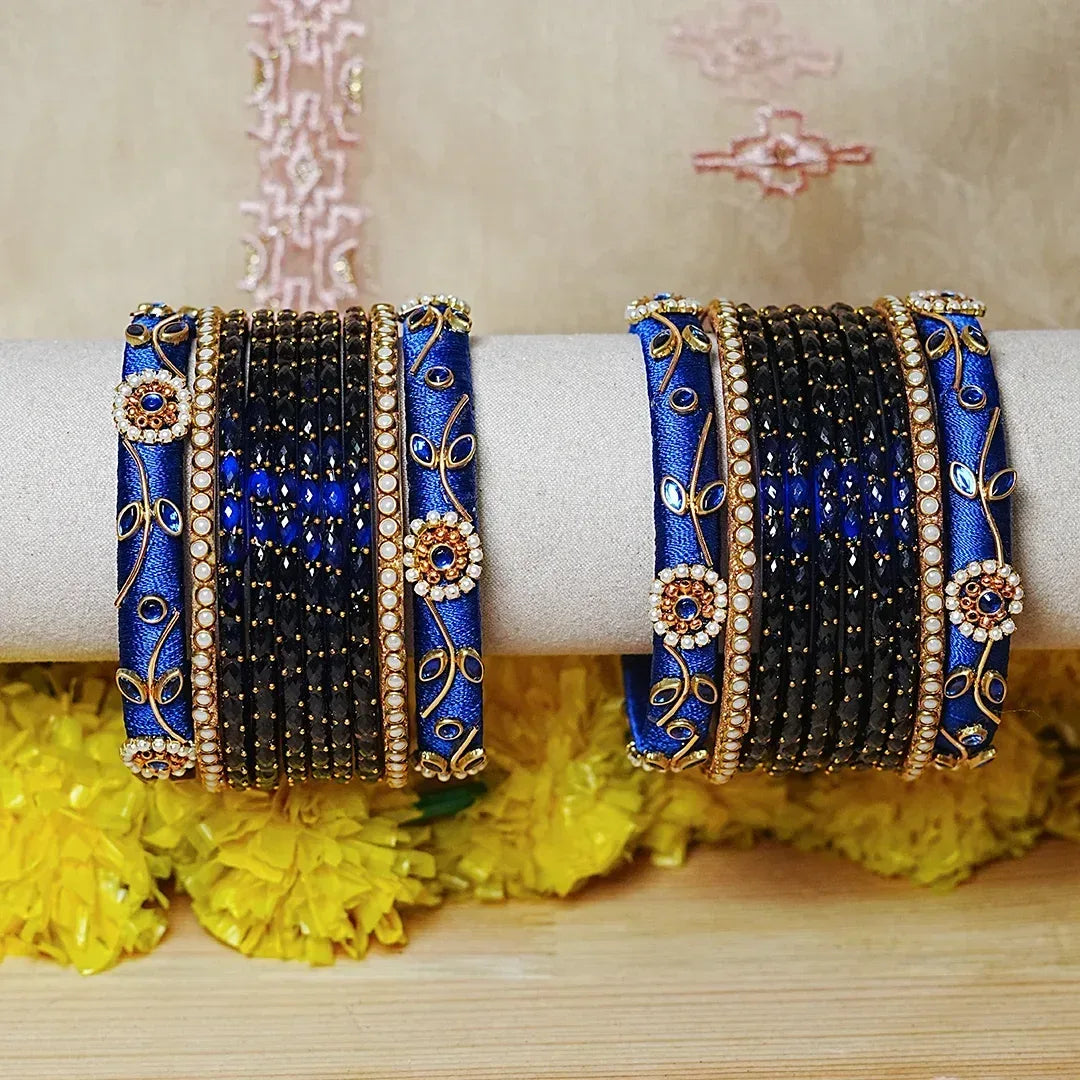 Traditional Thread Work Mini Glass Bangles Set for Women (Both Hands) - The Golden Cascade